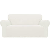 Easy-Going front view of cream loveseat cover showing full fit and tidy look