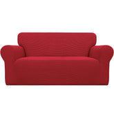 Easy-Going front view of red loveseat cover showing tailored fit and refreshed look