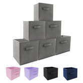 EBIGIC front view showing six grey collapsible storage bins and tidy shelving benefit