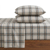 Eddie Bauer king flannel sheet set front view showing plaid design and neat fit