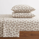 Eddie Bauer front view of queen flannel sheet set showing pattern and fit benefit