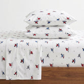Eddie Bauer front view of full flannel sheet set highlighting neat packaging and color