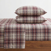 Eddie Bauer front view of Montlake Plaid red sheet set showing pattern and packaging benefit