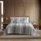 Eddie Bauer quilt front view in Fairview Grey showing tidy finish and versatile style