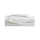 Eddie Bauer front view of queen sheet set showing neat beige stripe and complete set benefits