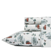 Eddie Bauer full sheet set front view showing Tree Farm Light Blue pattern and fit