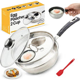Eggssentials front view stainless poacher showcasing sleek design and durable build for even heating