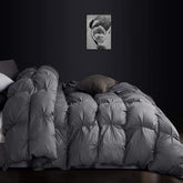 EGYPTIAN BEDDING front view gray ruffled comforter showing elegant design and cozy look