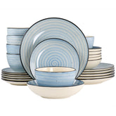 Elama Gia front packaging showing light blue dinnerware set and neat stacking benefit