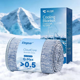 Elegear front view of folded blue cooling blanket showing neat packaging and instant comfort