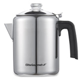 Elite Gourmet front view percolator showing polished stainless finish and capacity benefit