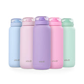 Ello Cooper front view showing lilac bottle and secure lid benefit portability