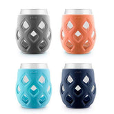 Ello Cru front view of four glasses with paloma silicone sleeves showing color-coding benefit