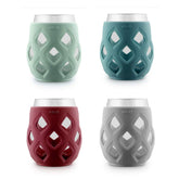 Ello Cru four-pack front view showing multicolor silicone sleeves and clear 17oz glasses for easy serving