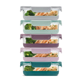 Ello Duraglass front packaging showing five glass containers and lids, convenient organization benefit