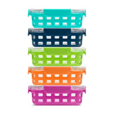 Ello Duraglass front packaging showing five glass containers and lids for organized storage