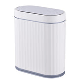ELPHECO front view of white-grey motion sensor trash can showing compact design and lid benefit