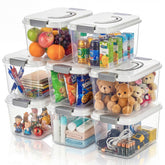 Elsjoy front view of eight clear storage bins showing pack and lids benefits
