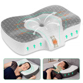 Elviros pillow front view showing full cervical shape and adjustable design benefit