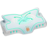 Elviros front view of pillow showing ergonomic shape and supportive profile