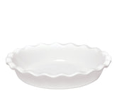 Emile Henry pie dish front view showing white nougat finish and fluted rim benefits even baking