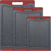 Empune front view of three red cutting boards showing set and benefits