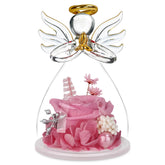 encavy angel figurine front view showing clear glass and rose, elegant keepsake