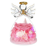 encavy angel figurine front view shows preserved rose and clear glass beauty