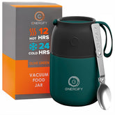 ENERGIFY front view of olive green insulated jar showing branding and capacity benefits