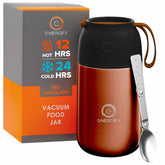 ENERGIFY front view in red mahogany showing sleek insulated jar and included spoon for portability