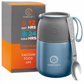 ENERGIFY front view of shiny blue insulated food jar showing durable finish and portability