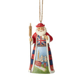 Enesco Jim Shore British Santa front view hanging on tree, showcases festive London theme