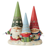Enesco Jim Shore gnome family front view showing festive hats and lights, perfect for holiday display