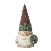 Enesco Jim Shore gnome front view showing pinecone hat and wreath benefit: seasonal charm
