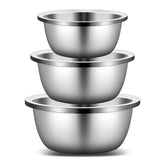 Enther stainless bowls front view showing three durable sizes and space-saving design
