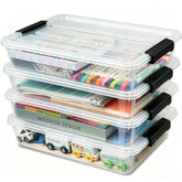 EOENVIVS front view of four clear storage bins showing complete pack and lids benefit organization