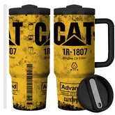 Equoza front view of 30oz tumbler showing the cat oil graphic and large capacity benefit