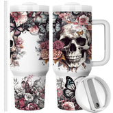 Equoza front view showing skull floral artwork and 40oz capacity for bold style