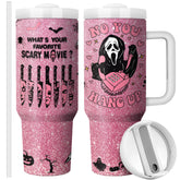 Equoza front view of Halloween scary mask tumbler showing design and capacity benefits