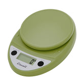 Escali Primo front view in tarragon green showing compact scale and clear display for accurate weighing
