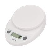 Escali Primo front view in white showing compact scale and clear display benefits quick weighing