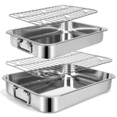 EsOfficce front view of both stainless steel roasting pans showing handles and two racks for convenient serving