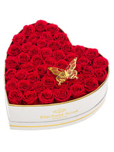 Eterfield heart box front view showing red preserved roses and elegant packaging benefit ornamental display