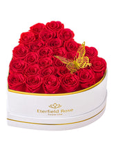 Eterfield heart-shaped box front view showing 27 red preserved roses and elegant presentation