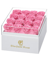 Eterfield rose box front view showing 16 pink roses and elegant white gift box benefit long-lasting beauty