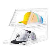 Euct front view of clear hat organizer showing neat cap display and protection