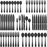 EUIRIO front view of boxed 48-piece black flatware set showing complete service