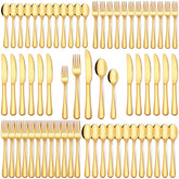 EUIRIO front view of gold flatware set showing full service for 12 and polished finish