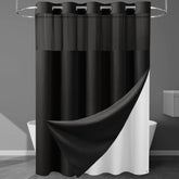 EUTXL front view of black waffle curtain shows premium bath upgrade