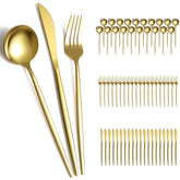 Evanda gold flatware front view showing full 60-piece set elegance